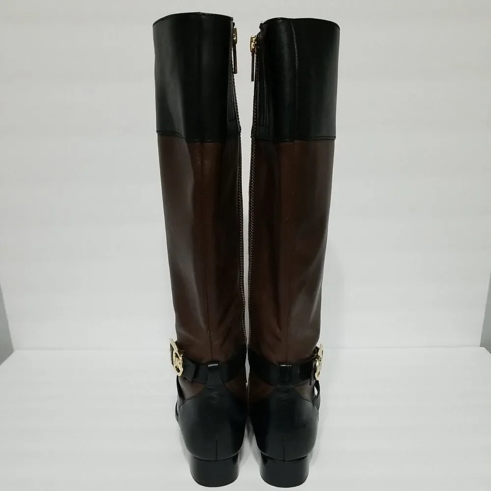 MICHAEL KORS Tall Fulton Black Brown Leather Harness Knee High Boots Women 5.5 M